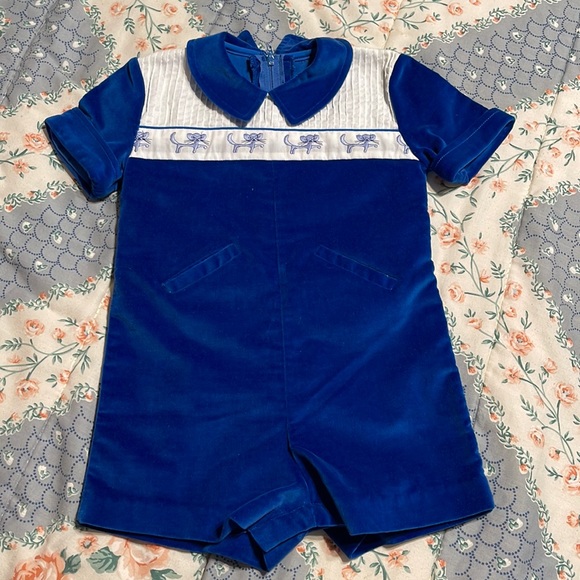 Vintage Fischel Jon Jon 2T Blue Velvet Cats Royal Zip Back Boys Romper 60s 70s
